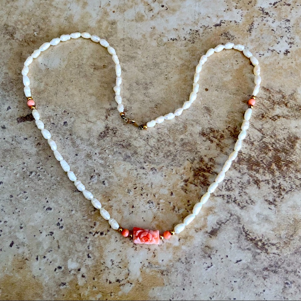 Freshwater Pearl Necklace with Pink Rose Accent